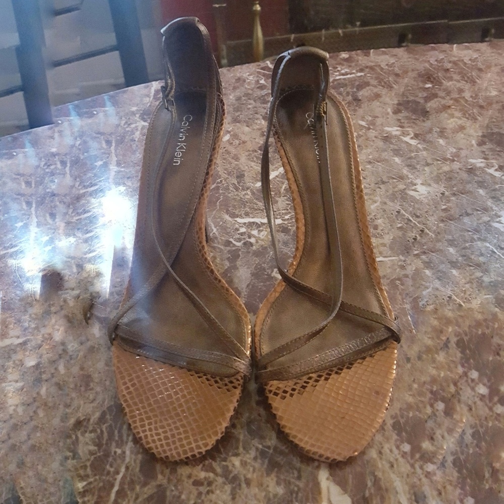 Calvin Klein Bronze Leather Snake Strappy Sandals